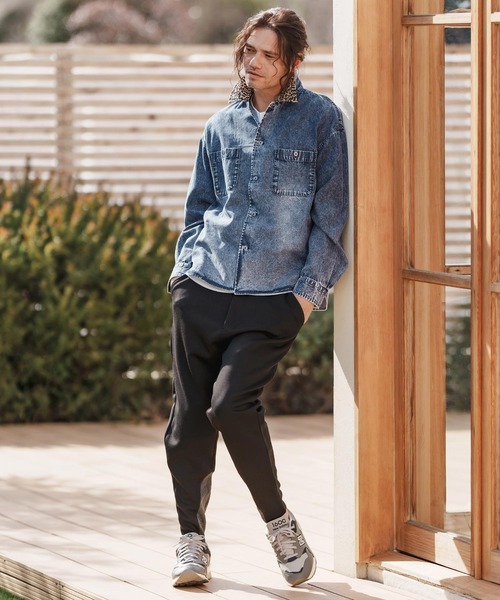 ms6023-レオパード襟切替ケミカルウォッシュ加工デニムシャツ（シャツ