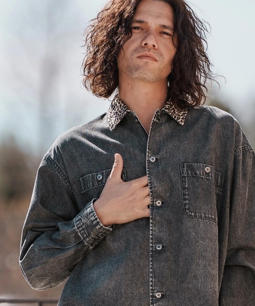 新品　シニカル　デニム　長袖シャツ　ブラック　グレー　羽織り　切り替え ms6023-レオパード襟切替ケミカルウォッシュ加工デニムシャツ（シャツ