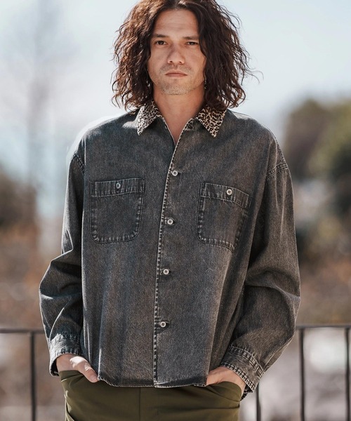 ms6023-レオパード襟切替ケミカルウォッシュ加工デニムシャツ（シャツ