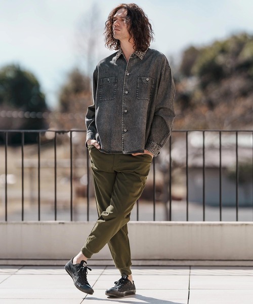 ms6023-レオパード襟切替ケミカルウォッシュ加工デニムシャツ（シャツ