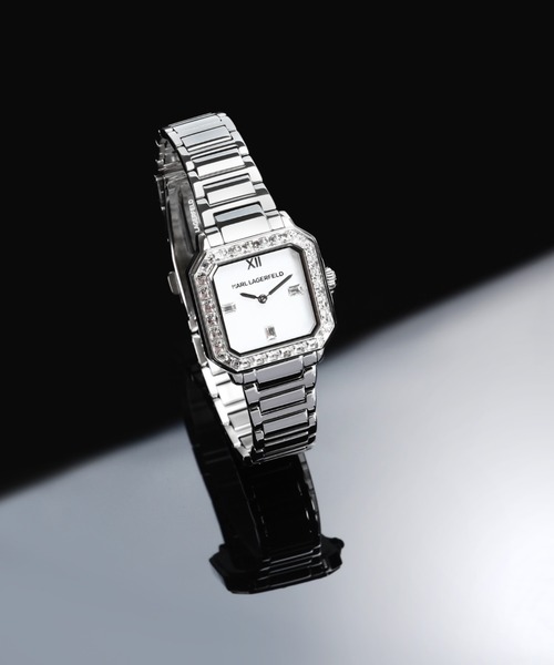 KARL LAGERFELD(カールラガーフェルド)の「「KARL LAGERFELD/カール・ラガーフェルド」スクエア クラシック -クリスタル ダイヤル シルバー ブレスレット(アナログ腕時計・レディース・シルバー×ブラック/ブラック/シルバー×キュービック・FREE)」の2枚目の写真