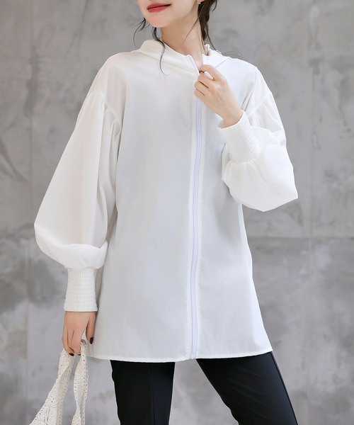 TeddyShop（テディショップ）の「【UVカット率 99%以上/接触冷感/大きいサイズ有】レディース水着 ぽわん袖が可愛い。長袖フード付きハイネックフレアラッシュパーカー 水陸両用 水着体型カバー（ラッシュガード・レディース・チャコールグレー/ホワイト/ブラック/カーキ・LL/L/S/M）」の10枚目の写真