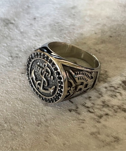 シルバーメタルリング/ブラックストーン/イカリモチーフ/ヴィンテージ