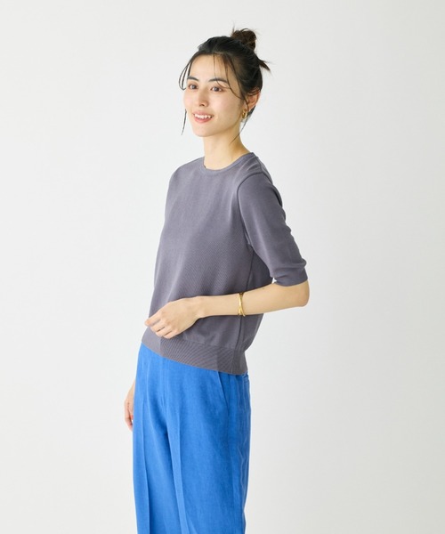 I.T.'S international（イッツインターナショナル）の「クルーネック5分袖プルオーバー《ガスコットン》（ニット/セーター・レディース・ベージュ/ブルー・9号）」の13枚目の写真