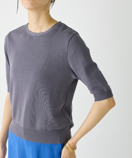 I.T.'S international（イッツインターナショナル）の「クルーネック5分袖プルオーバー《ガスコットン》（ニット/セーター・レディース・ベージュ/ブルー・9号）」の16枚目の写真