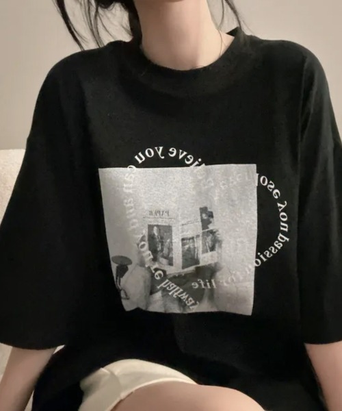 NANAHACHI(ナナハチ)の「ハート文字プリント ボクシー 半袖Tシャツ(Tシャツ/カットソー・レディース・アイボリー/ブラック・FREE)」の7枚目の写真