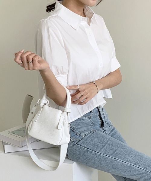 shoppinggo（ショッピングゴー）の「バックプリーツシャツ タック ブラウス 半袖シャツブラウス（シャツ/ブラウス・レディース・ブルー/ホワイト・M/L/XL）」の3枚目の写真