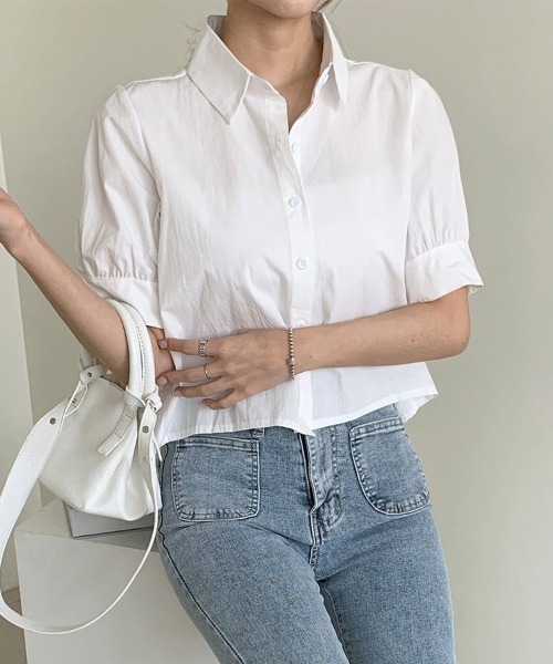 shoppinggo（ショッピングゴー）の「バックプリーツシャツ タック ブラウス 半袖シャツブラウス（シャツ/ブラウス・レディース・ブルー/ホワイト・M/L/XL）」の4枚目の写真