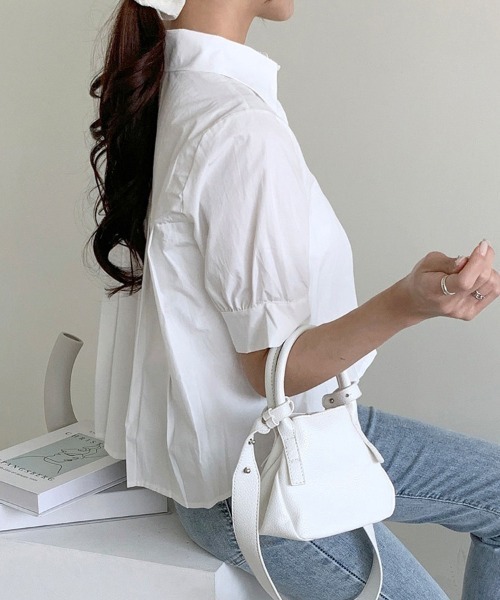 shoppinggo（ショッピングゴー）の「バックプリーツシャツ タック ブラウス 半袖シャツブラウス（シャツ/ブラウス・レディース・ブルー/ホワイト・M/L/XL）」の5枚目の写真