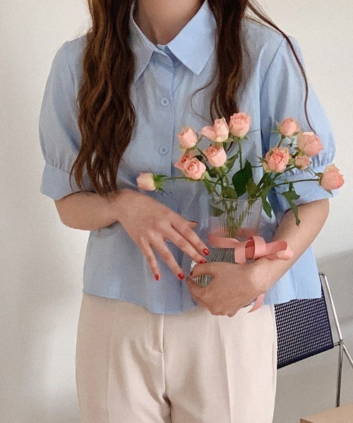 shoppinggo（ショッピングゴー）の「バックプリーツシャツ タック ブラウス 半袖シャツブラウス（シャツ/ブラウス・レディース・ブルー/ホワイト・M/L/XL）」の9枚目の写真