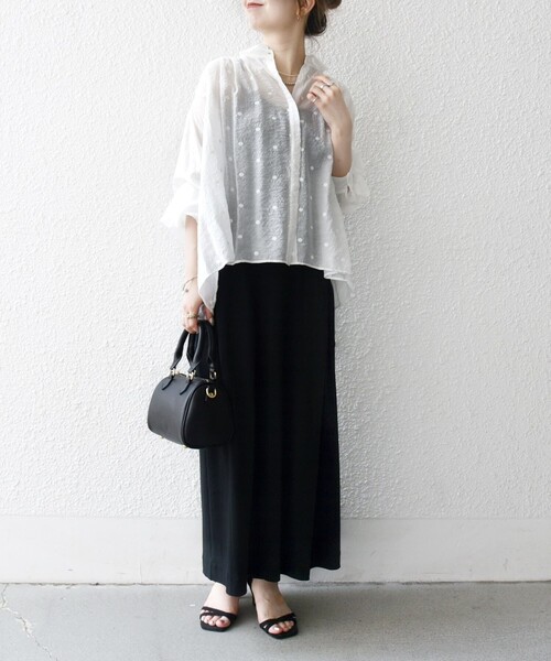 SHIPS any シアー ドット レギュラーカラー ギャザー シャツ　黒 SHIPS any:〈手洗い可能〉シアー ドット レギュラーカラー