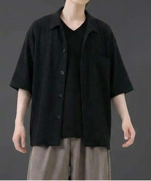revertical(リバーティカル)の「楊柳生地 半袖オープンカラーシャツ/ポケット付き リラックスシルエット(シャツ/ブラウス・メンズ・グレー系/アッシュブラウン/ブラック/ブルーグリーン・MEDIUM/LARGE)」の1枚目の写真