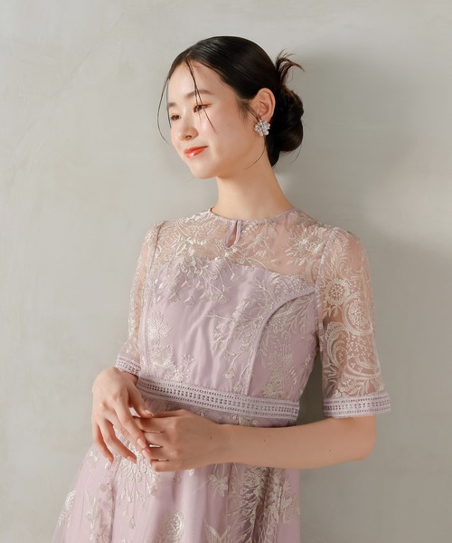 シック フラワー刺繍 ラダーレース フレア パーティー ドレス