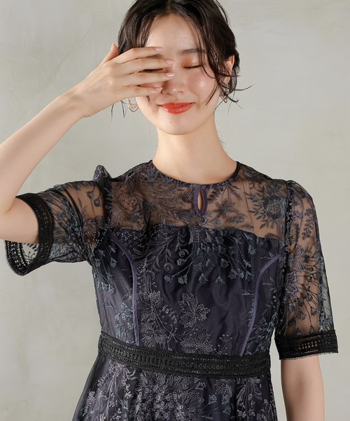 セール】シック フラワー刺繍 ラダーレース フレア パーティー ドレス