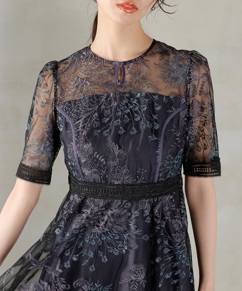 シック フラワー刺繍 ラダーレース フレア パーティー ドレス 結婚式