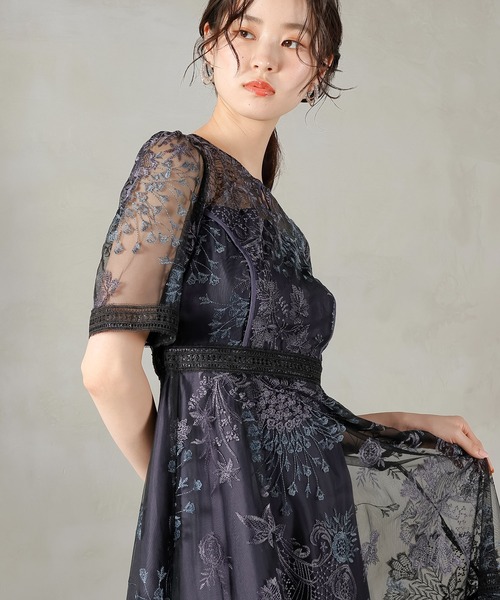 シック フラワー刺繍 ラダーレース フレア パーティー ドレス 結婚式