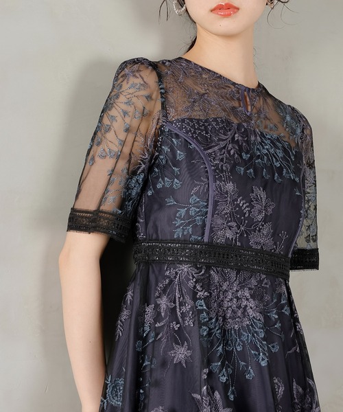 セール】シック フラワー刺繍 ラダーレース フレア パーティー ドレス