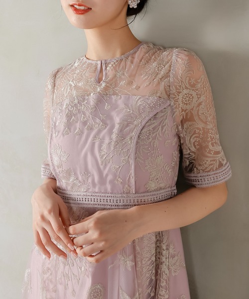 ♥結婚式♥デート♥パーティードレス 刺繍 切り替え お呼ばれ フレアレース M AIMER ドレス 2WAY線画フラワー刺繍ボレロレイヤードパーティー