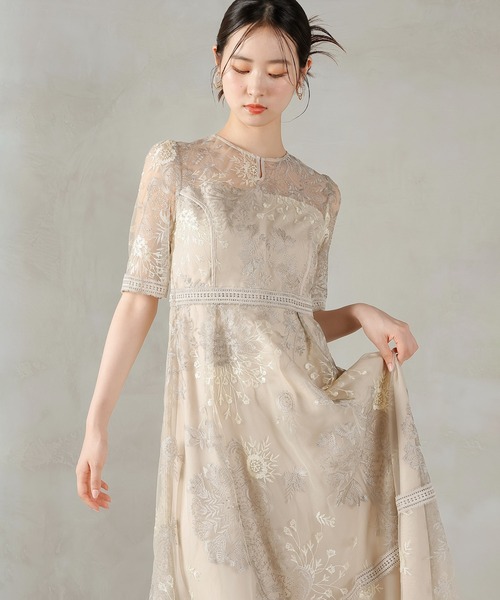 シック フラワー刺繍 ラダーレース フレア パーティー ドレス 結婚式