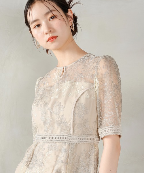 セール】シック フラワー刺繍 ラダーレース フレア パーティー ドレス