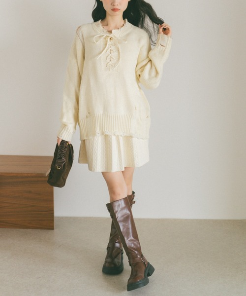 セール】ミニケーブルニットスカート/インナーパンツ付き/セットアップ