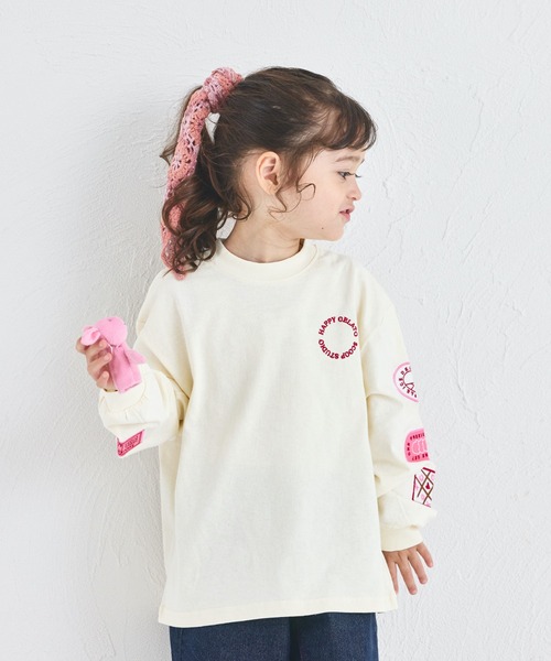 綿100%】ガールズ 刺繍ワッペン ゆるロンT（Tシャツ/カットソー