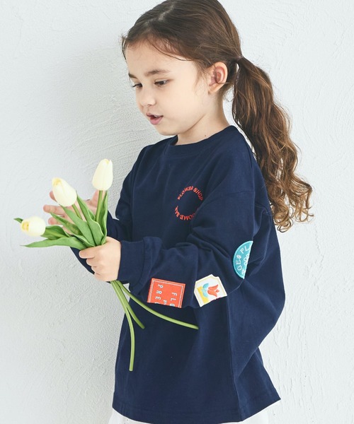 セール】【綿100%】ガールズ 刺繍ワッペン ゆるロンT（Tシャツ