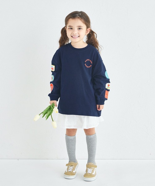 セール】【綿100%】ガールズ 刺繍ワッペン ゆるロンT（Tシャツ