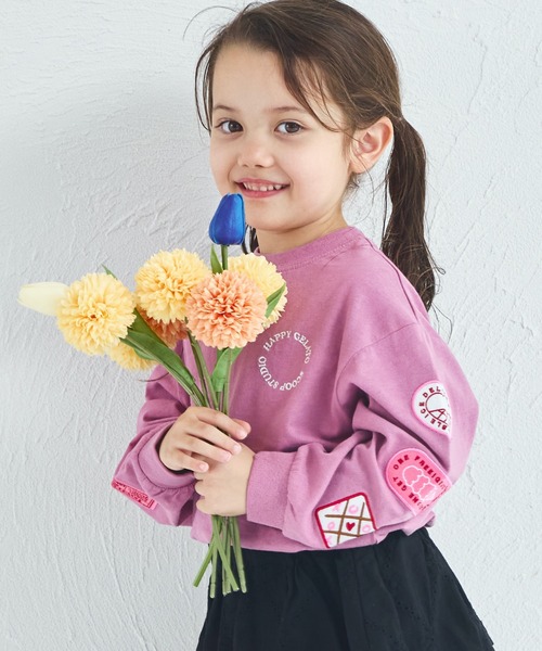 セール】【綿100%】ガールズ 刺繍ワッペン ゆるロンT（Tシャツ