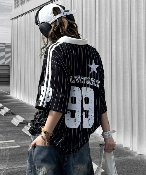 BLACKQUEEN(ブラッククイーン)の「【BLACKQUEEN】ストライプユニフォームTシャツ(Tシャツ/カットソー・レディース・レッド/ブラック・M)」の6枚目の写真