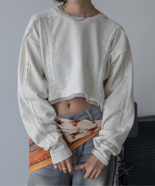 セール】チュール切替ショート丈スウェットトップス（スウェット