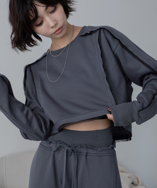 セール】チュール切替ショート丈スウェットトップス（スウェット