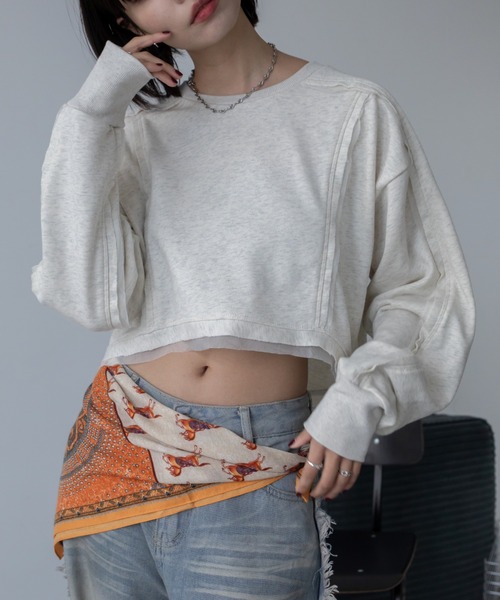 VACANCY（ヴァカンシー）の「チュール切替ショート丈スウェットトップス（スウェット・レディース・オフホワイト/グレー/チャコールグレー・FREE）」の11枚目の写真