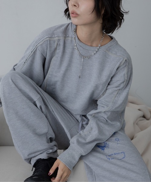 セール】チュール切替ショート丈スウェットトップス（スウェット