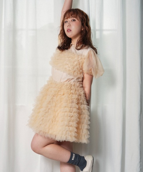HONEY MI HONEY(ハニーミーハニー)の「tulle frill mini dress(ワンピース・レディース・ベージュ/ボルドー/ピンク・FREE)」の1枚目の写真