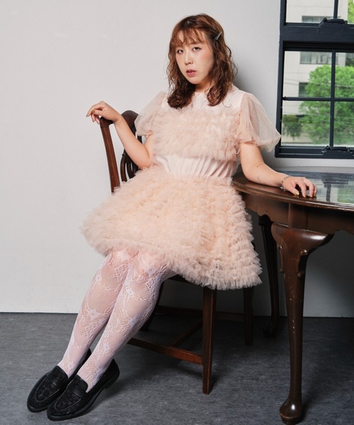 HONEY MI HONEY(ハニーミーハニー)の「tulle frill mini dress(ワンピース・レディース・ベージュ/ボルドー/ピンク・FREE)」の4枚目の写真
