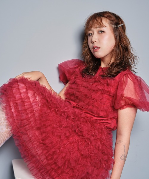 HONEY MI HONEY(ハニーミーハニー)の「tulle frill mini dress(ワンピース・レディース・ベージュ/ボルドー/ピンク・FREE)」の8枚目の写真