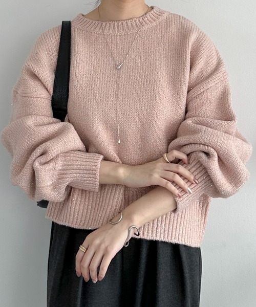 Doux archives(ドゥアルシーヴ)の「【大好評につき再入荷決定!】【新色追加】スパンコールショートニットプルオーバー(ニット/セーター・レディース・ミント/シルバーグレー/ピンク/チャコールグレー/アイボリー・FREE)」の1枚目の写真