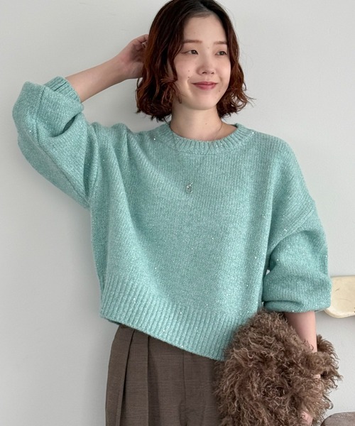 Doux archives(ドゥアルシーヴ)の「【大好評につき再入荷決定!】【新色追加】スパンコールショートニットプルオーバー(ニット/セーター・レディース・ミント/シルバーグレー/ピンク/チャコールグレー/アイボリー・FREE)」の5枚目の写真