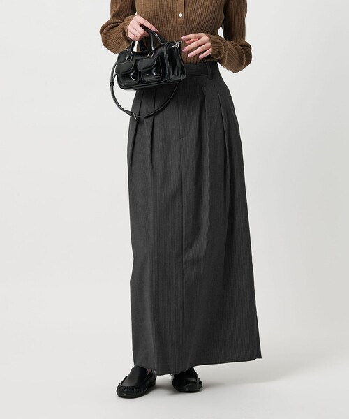 セール】毛ブレンド ストライプ タックロングスカート 防シワ