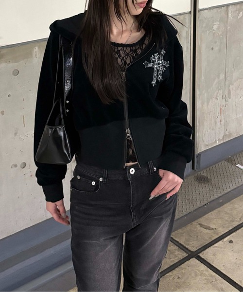 まとめ売り　Juicy Couture ベロアパーカー　サングラス セール】クロスモチーフベロアパーカー【SETUP着用可能】（パーカー