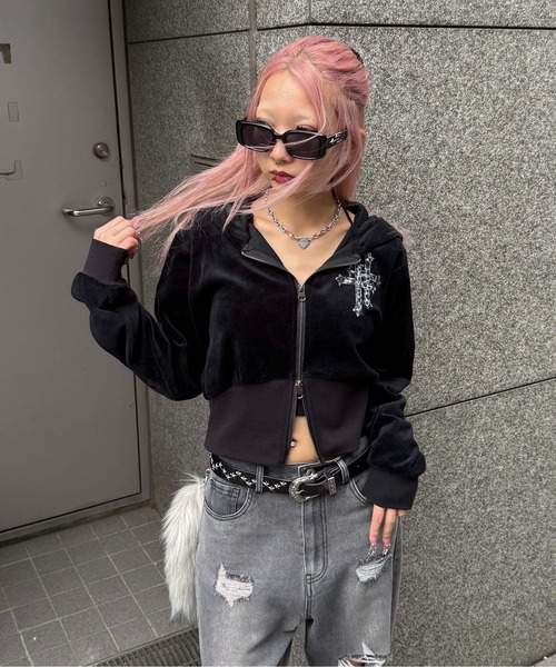 クロスモチーフベロアパーカー【SETUP着用可能】（パーカー）｜sedacle