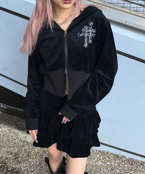 sedacle girl（セダクルガール）の「クロスモチーフベロアパーカー【SETUP着用可能】（パーカー・レディース・ブラック/ブラウン・SMALL/MEDIUM）」の3枚目の写真