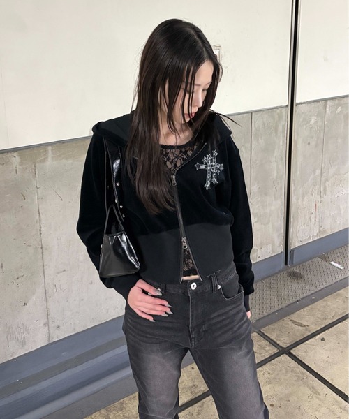 新品未使用 archivio ベロアパーカー 黒 36 ゴルフウェア セール】クロスモチーフベロアパーカー【SETUP着用可能】（パーカー