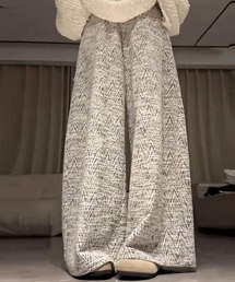 快適ハイウエスト柄ワイドフルレングスパンツ