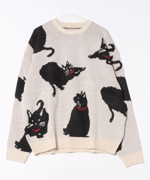 くろねこ様 セール】アニマルパターン 総柄ジャガード ルーズニット プルオーバー