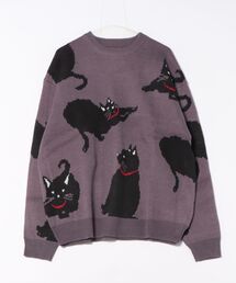 Revo. | アニマルパターン 総柄ジャガード ルーズニット プルオーバー 黒猫 クロネコ くろねこ(ニット/セーター)