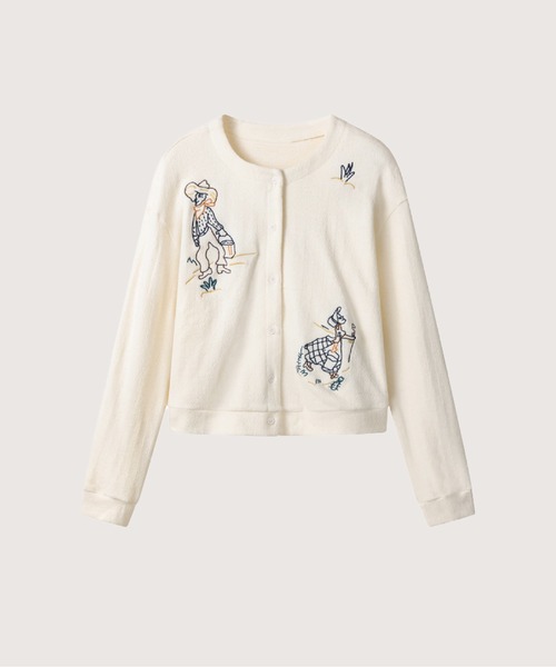 LA POMME jours(ラポミ・ジュール)の「Embroidered Character Cardigan(カーディガン/ボレロ・レディース・グレー/アイボリー/ピンク・SMALL/MEDIUM/LARGE)」の2枚目の写真
