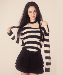 CNVS（ベティ ブープ）の「ベティブープ マフラー ストライプ Uネック ニット_ブラック（ニット/セーター）」