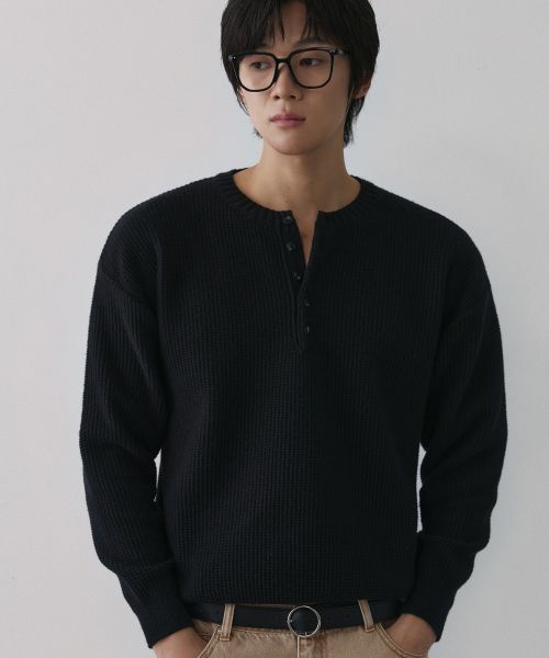 Waffle Henley neck knit [чёрный]